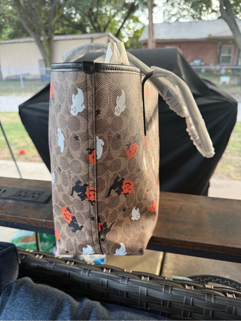 Coach Brown Halloween Ghost & Pumpkin Tote with Black Handles - Picture 4 of 13